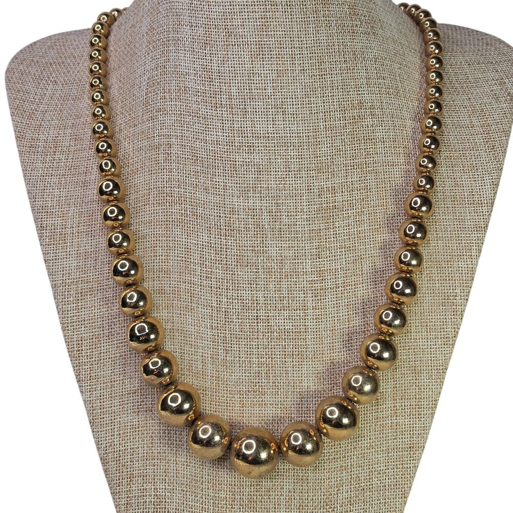 Vintage Necklace Gold Tone Bead Graduated on Chain 23 Inch Distressed